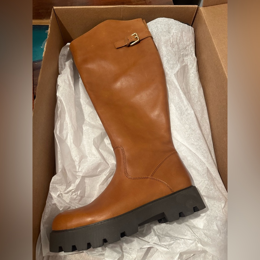 Franco Sarto Balin Womens Leather Wide Calf Lug Sole Over-The-Knee Boots Cognac